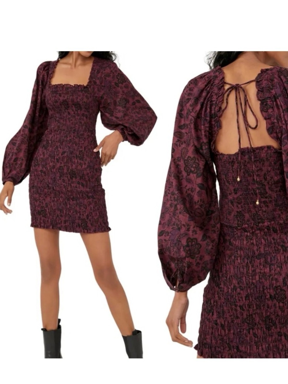 Free People Smock It Too Me Smocked Mini Dress Balloon Sleeves Bodycon Small S